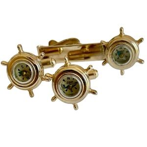 Vintage 1950s Goldtone Nautical Compass Cuff Links And Tie Clip Set
